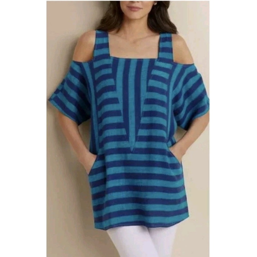 Soft Surroundings Sunset Tunic Top Blue Stripe Gauzy Cold Shoulder  Linen Size L